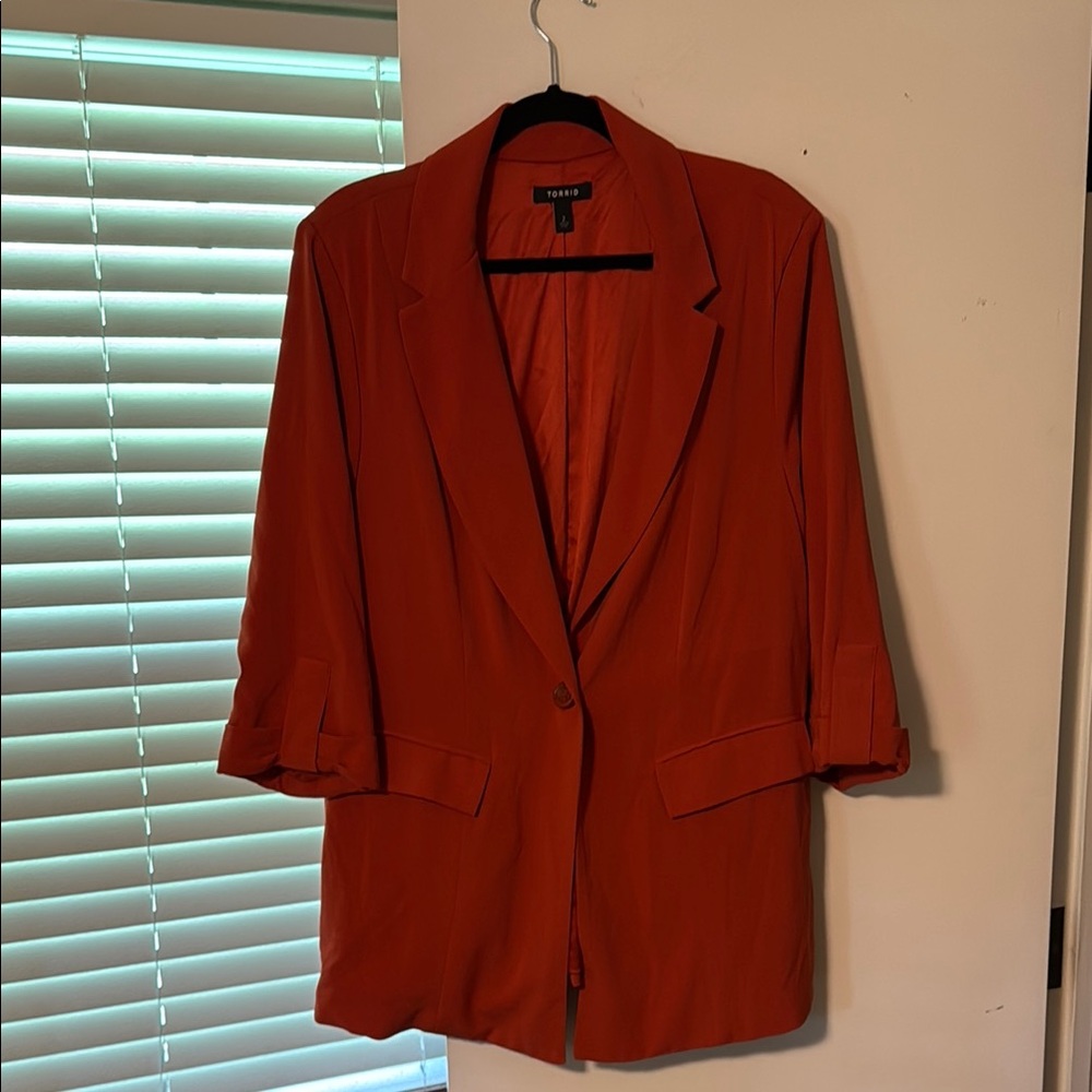 Torrid Red-Orange Blazer with Notched Lapel and Open Front